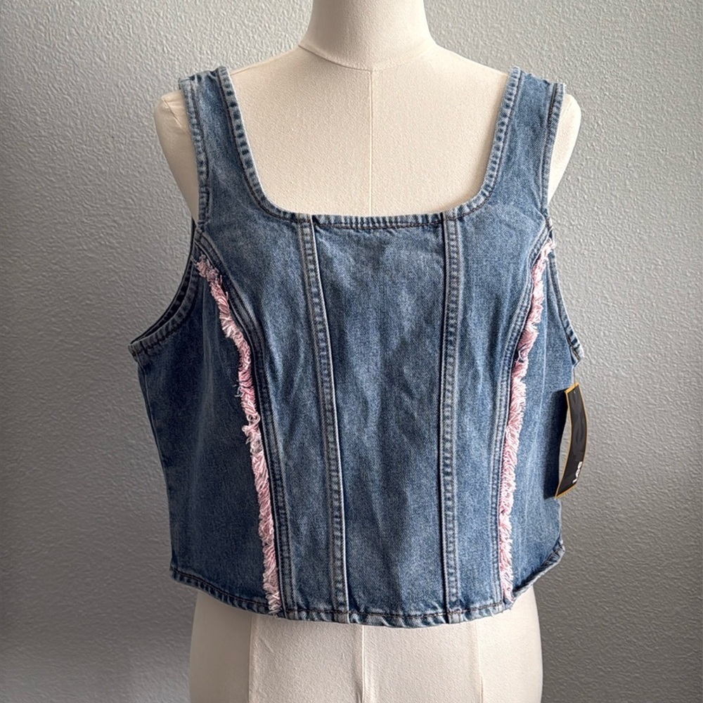 Lee Denim Corset Crop Top Pink Contrast Stitch Zip Front Size XL NWT
